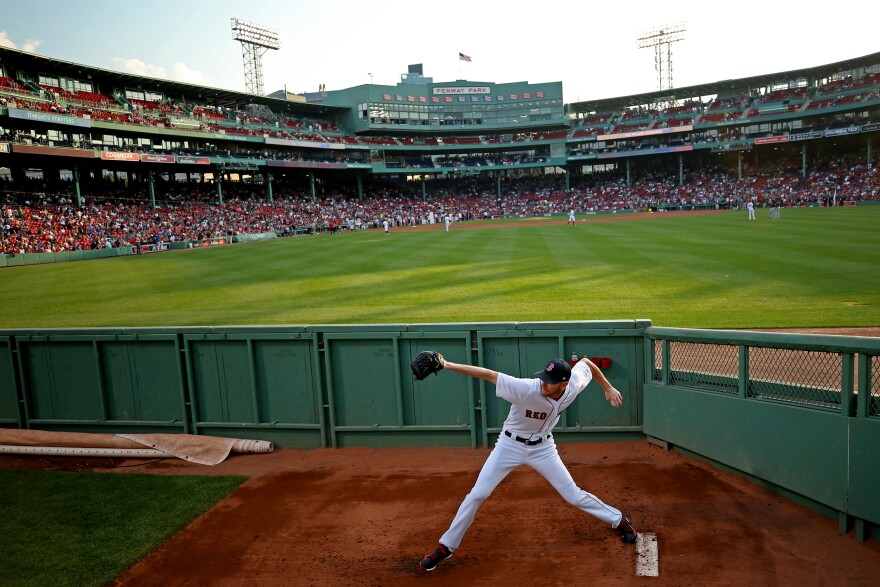 Chris Sale of the Boston Red Sox warms up in the bullpen before a game against the Cleveland Indians at Fenway Park on Aug. 1, 2017.