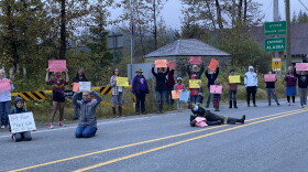 Residents of Hyder and Stewart at a Sept. 19 rally at the border. They want to create a "Bear Bubble" — a shared quarantine area for residents living in both communities. (Carly Ackerman)