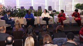 Historic West End Partners' J'Tanya Adams (second from left) and Erin Gillespie (center), the city’s Strategy and Development Manager for Corridors of Opportunity, were part of a panel following an announcement by the Truist Foundation.