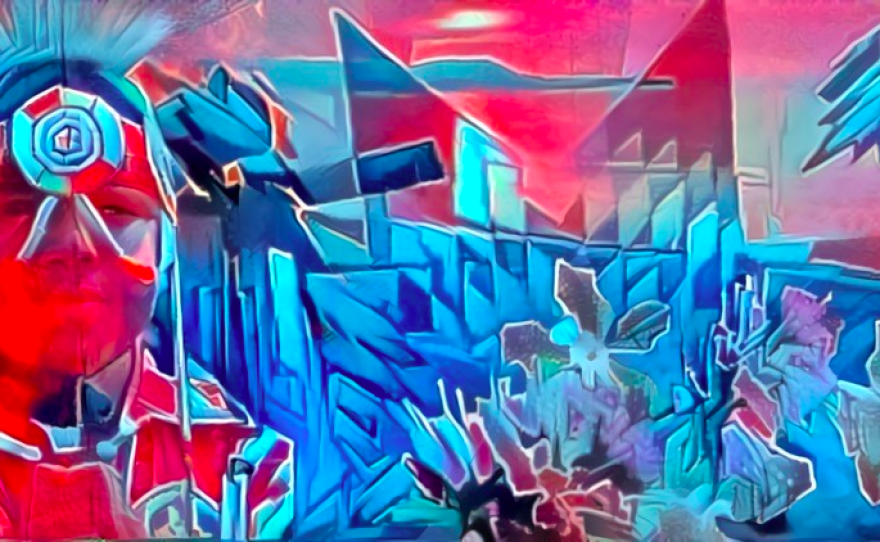 One of the concept paintings submitted by Colorado-based artist Bobby Lopez. He was selected by the Traverse City Arts Commission to honor Anishinabek culture in the Clinch Park tunnel mural.