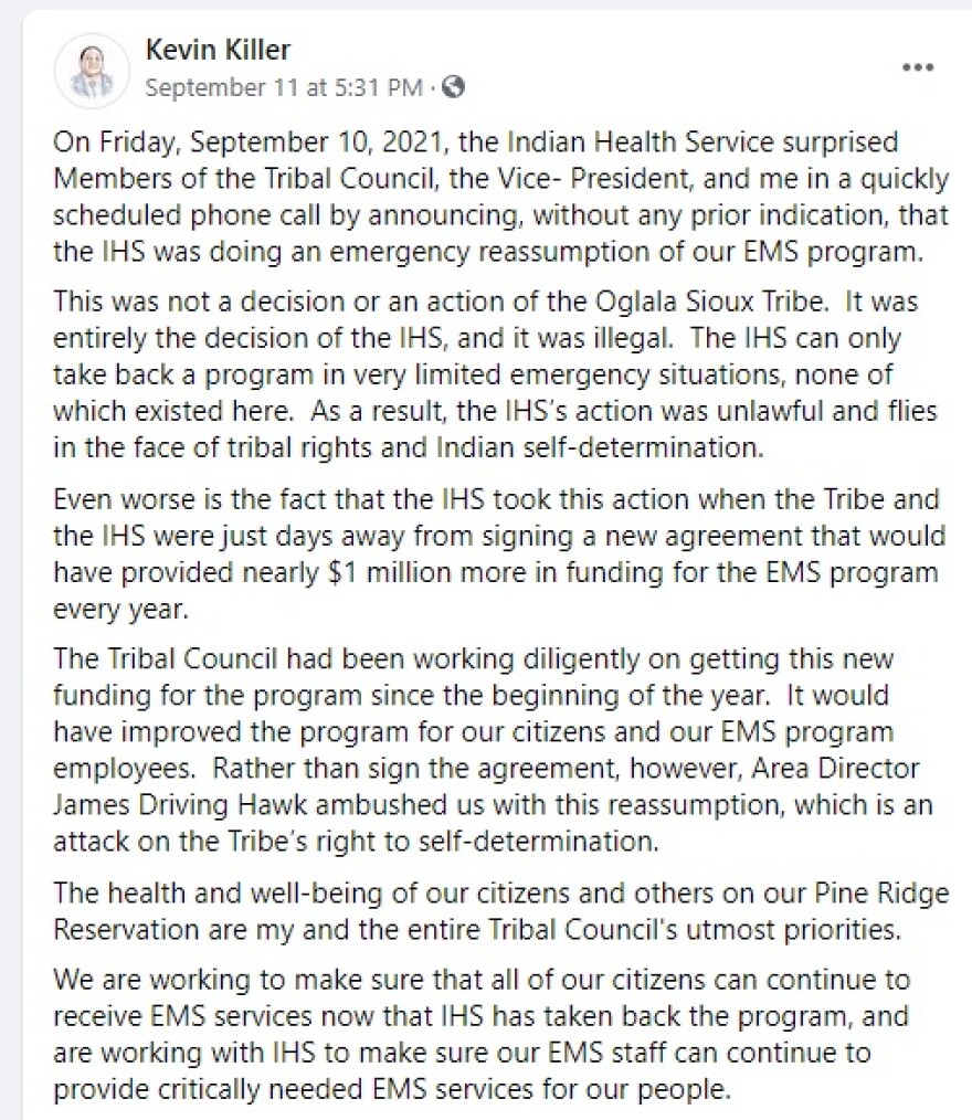 A Facebook post from Kevin Killer, president of the Oglala Sioux Tribe.