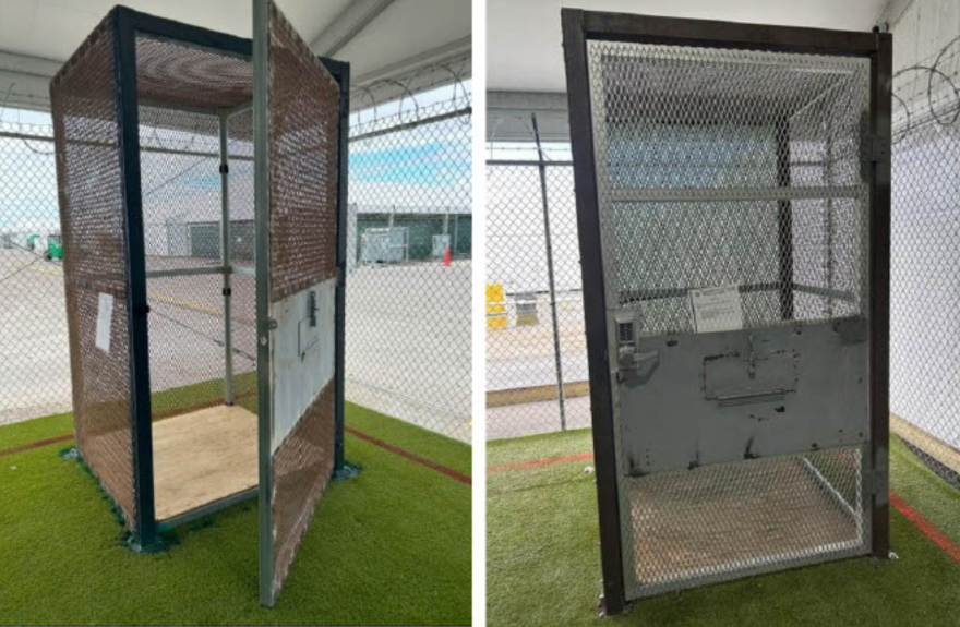 Two metal cages sitting on astro turf under a tent sit next to each other in two separate photos. One is open and the other is closed. 