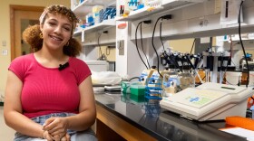 Bianca Kerr in the science lab of the Lyons Center at Elms College.