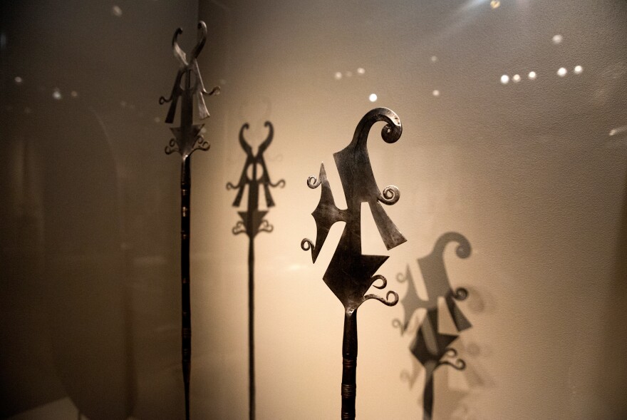 Examples of elaborate versions of knives, to be used in ritual ceremonies. They're from the Democratic Republic of the Congo, 19th century.