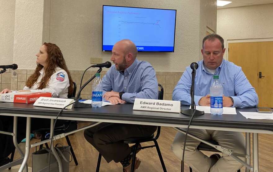 AMR Regional Vice President Brett Jovanovich speaks during a committee meeting in Wildwood on Wednesday. Photo: Joe Byrnes, WMFE