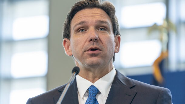 Florida Gov. Ron DeSantis speaks at the Heritage Foundation 50th Anniversary Celebration leadership summit, Friday, April 21, 2023, in Oxon Hill, Md. (AP Photo/Alex Brandon, File)