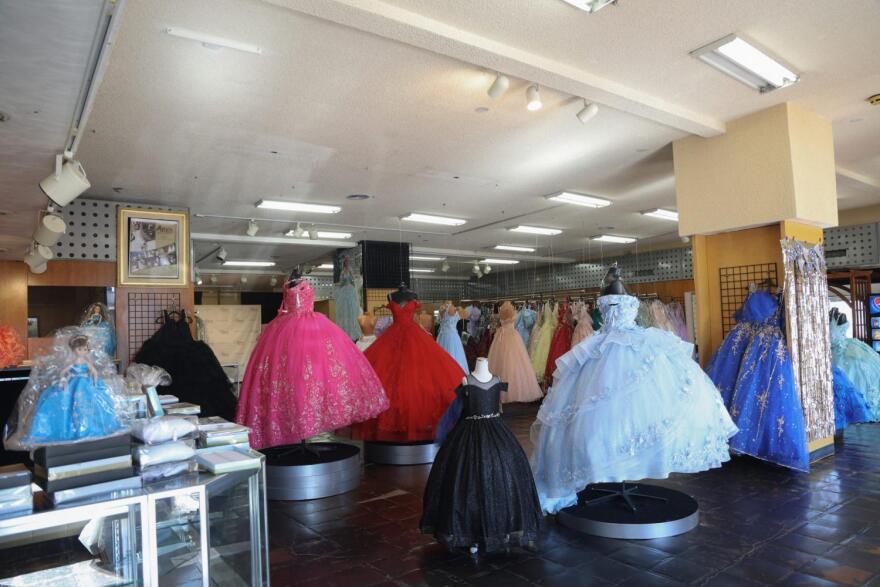 Quinceañera dresses on display
