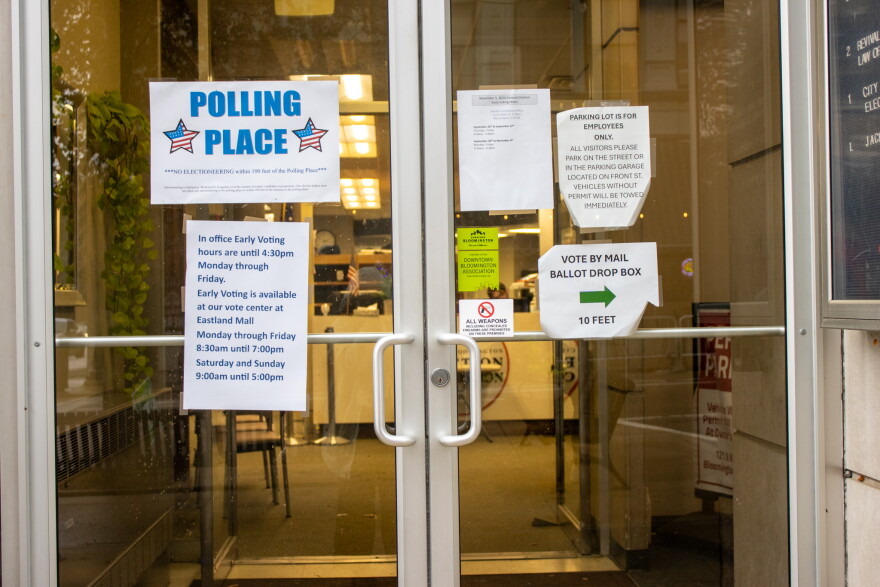 The doors of the Bloomington Election Commission on Election Day 2024.