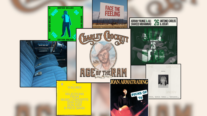 A collage of squares with artwork for music. In the center is the largest square with a drawing of man in a cowboy hat. In the next biggest squares there is a blue car seat and a green tined photo of a man playing guitar. Now in one smaller square is a black photo of a woman holding a blurry red guitar. Then in the three smallest squares is a man holding a microphone, a woman's face surrounded by white, and a yellow background with silver lettering "Volumes One: Selections From Music Concerts 2019-2023 Bon Iver 6 Piece Band."