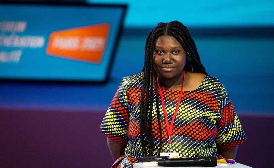 Banda gives her remarks about girls' education at the opening ceremony of the Generation Equality Forum in Paris. In her home country of Zambia, she is a youth ambassador for several organizations, including the United Nations Girls Education Initiative and the Global Fund for Women.