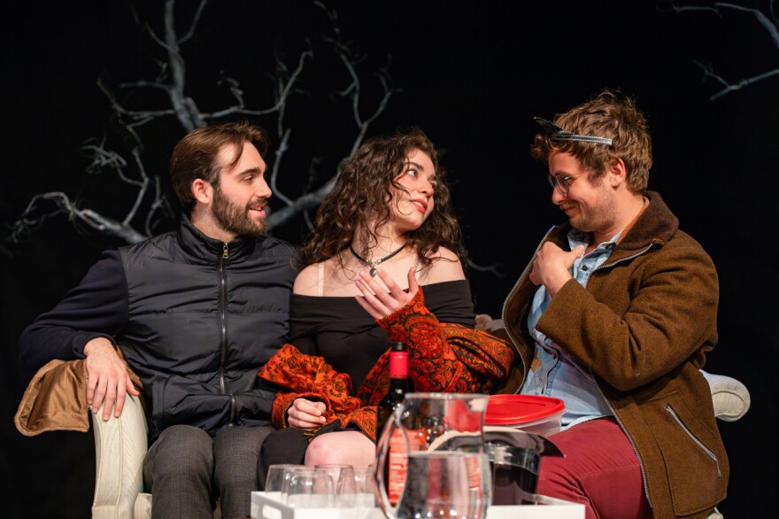Sam Fromkin, Frankie Marsh, and Jake Stibbe in Iron Crow Theatre’s production of How to Transcend a Happy Marriage.