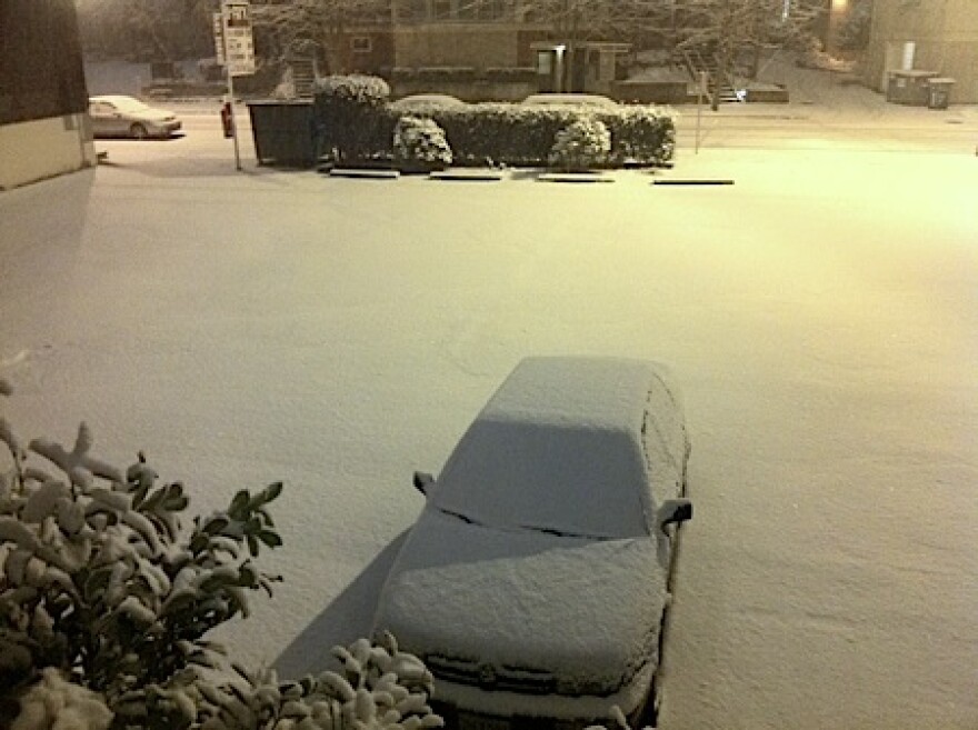 Snow blanketed the region, creating scenes such as this Tuesday night on Seattle's First Hill, near downtown.