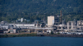 Nippon Dynawave Packaging Co. sits on the Columbia River, in Longview, Wash., on May 27, 2026. Contamination entered the river following the plant’s chemical disaster, but state officials quickly worked to control further contamination.