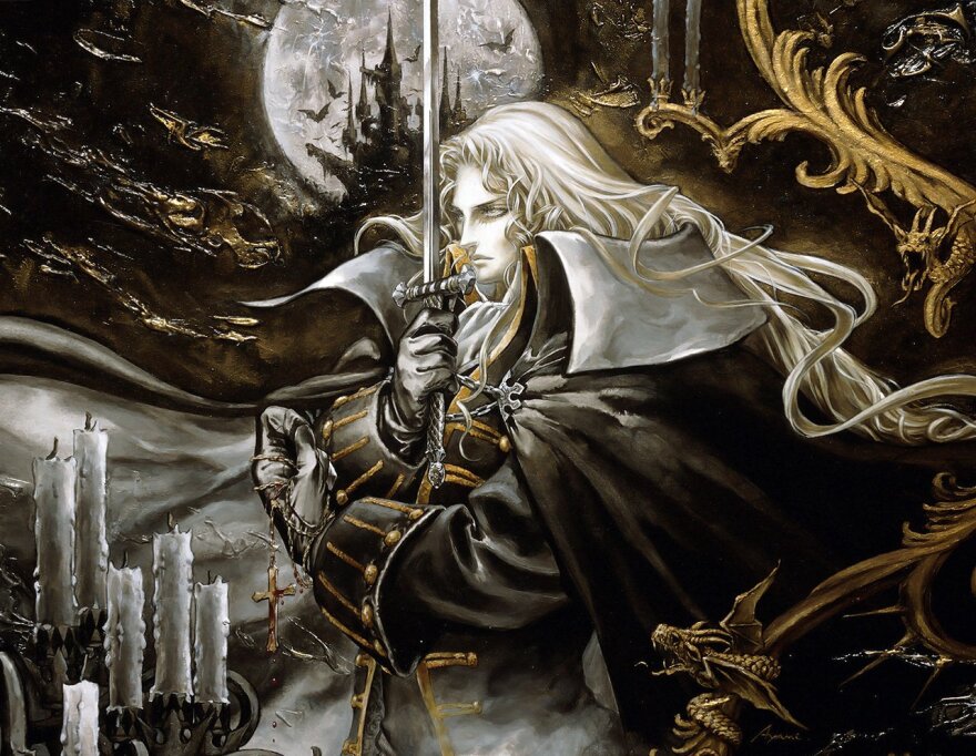 A depiction of protagonist Alucard by artist Ayami Kojima for the 1997 game Castlevania: Symphony of the Night. Composer Michiru Yamane wrote the original score.