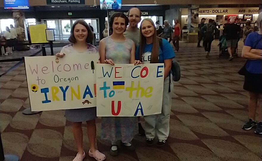 Iryna and her host father and sisters at the Eugene Airport on August 22nd.