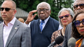 FILE - Rep. Jim Clyburn, D-S.C., center, joined by House Minority Leader Hakeem Jeffries, D-N.Y., left, stands with members of the Congressional Black Caucus during an event outside the Capitol in Washington, May 19, 2026. (AP Photo/J. Scott Applewhite, File)