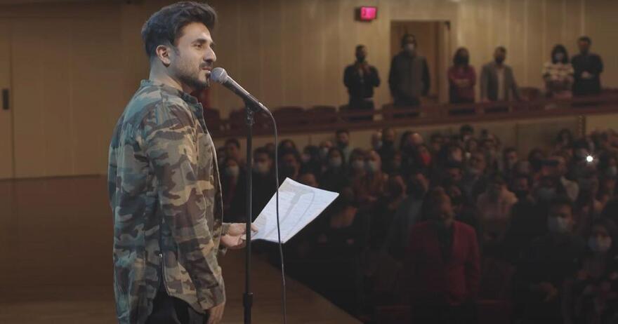 Indian comedian and actor Vir Das reads "I Come From Two Indias" monologue Nov. 12, 2021, before an audience at the Kennedy Center, Washington, D.C.