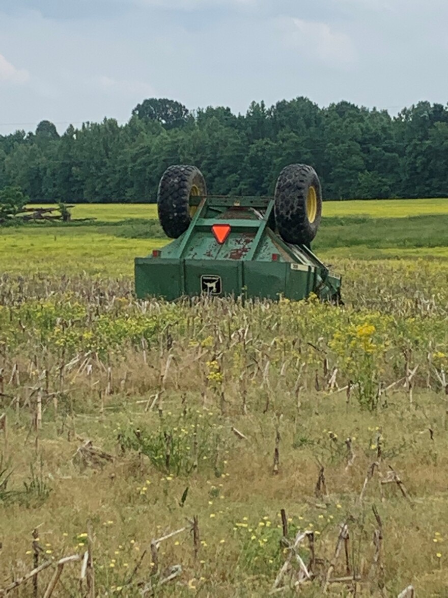Farming equipment impacted by Dec. tornadoes remains tossed about on the farm of Bremen resident Tim Hendrix.