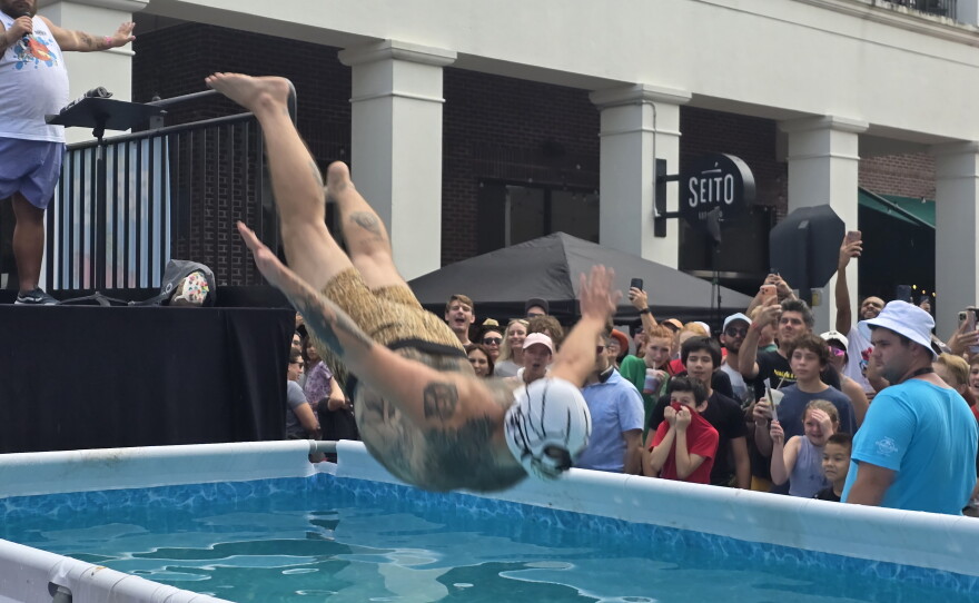 A diver demonstrating perfect form at Franco's Flop Fest in Baldwin Park.