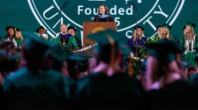 Michigan Gov. Gretchen Whitmer delivers Michigan State University's commencement address at the Breslin Center in East Lansing, Mich., on May 1, 2026.
