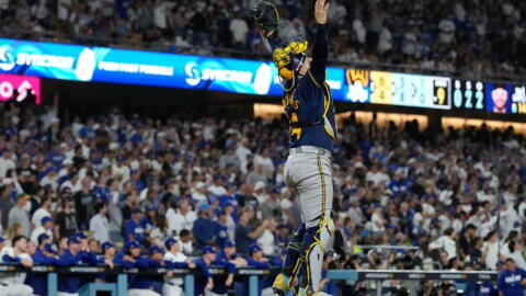 Milwaukee Brewers catcher William Contreras celebrates the final out of Game 4 of baseball's National League Championship Series between the Milwaukee Brewers and the Los Angeles Dodgers, Thursday, Oct. 15, 2026, in Los Angeles. (Ashley Landis/AP)