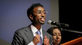 Liban Mohamed speaks to delegates during the Utah Democratic Convention at Jordan High School in Sandy, April 25, 2026, before going on to be the convention’s pick for the 1st Congressional District.