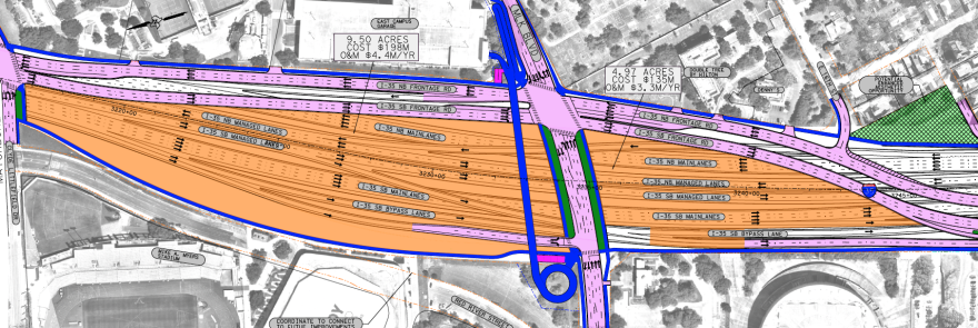 A schematic showing how UT-Austin's caps could cover the mainlanes of the highway from north of 15th Street — where the frontage roads cross the interstate — to Clyde Littlefield Drive and Manor Road.