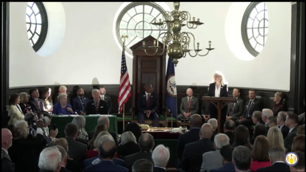 Gov. Abigail Spanberger addresses a commemorative session marking the 250th anniversary of the Virginia General Assembly in Williamsburg on October 7, 2026.