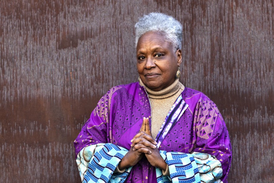Artist Vicki Meek photographed at the Nasher Sculpture Center during the Nasher Public installation titled Stony the Road We Trod, by artist Vicki Meek through February 14, 2021.
