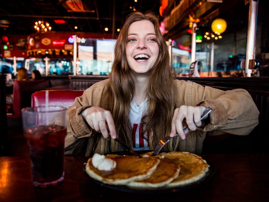 Jade stops by the 24-hour cafe Buzzbrews in Deep Ellum for some pancakes before her show. "We're very into home-cooked meals back home: Shepherd's pie, mashed potatoes or roast dinners," says the London-based artist. When asked about the most popular late-night snack in London, Jade says, "curries and kabobs are quite popular."