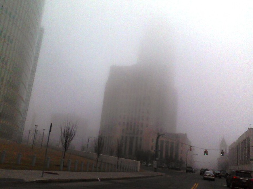 Fog surrounds City Hall in downtown Buffalo