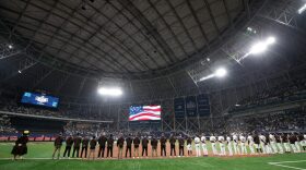 San Diego Padres players line up prior to the 2024 Seoul Series game between Los Angeles Dodgers and San Diego Padres at Gocheok Sky Dome in Seoul, South Korea.