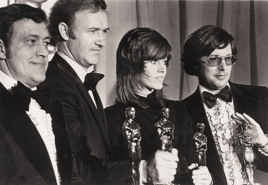 <em>The French Connection</em> won five Oscars at the 1972 Academy Awards, including best picture. From left are Phil D'Antoni, Gene Hackman, Jane Fonda and William Friedkin.