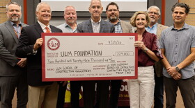 Pictured L-R: Randy Alford, Louisiana Associated General Contractors; Ken Naquin, CETF Sec./Treasurer; Jerry Brasher, Lincoln Builders; Michael McDuff, CETF Chair; Dr. Clint Martin, ULM SOCM Director; Dr. Carrie L. Castille, ULM President; Gary Hollander; Dr. Arturo Rodriguez, Dean of ULM College of Business and Social Sciences