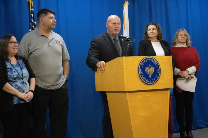 (From left to right: Cheri Kennedy, Jesse Gonzalez, Jerry Dyer, Georgeanne White and TJ Miller) Mayor Jerry Dyer announces the end of the two-day strike inside City Hall.