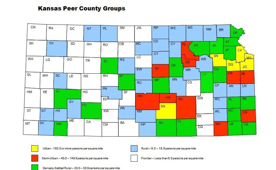 A map of Kansas, showing counties categorized by population density