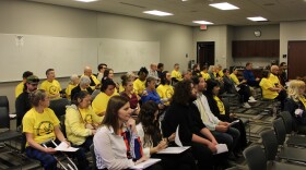 At least 30 members of Springfield Tenants Unite, many wearing theme yellow T-shirts, attended Springfield City Council on Feb. 26, 2024.