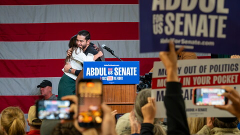Democratic U.S. Senate candidate Abdul El-Sayed embraces New York Rep. Alexandria Ocasio Cortez at a rally in Escanaba on Thursday, October 16, 2026.