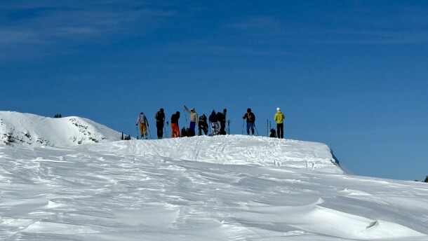 Backcountry skiers gather near the top of Pinecone Ridge on Feb. 22, 2026