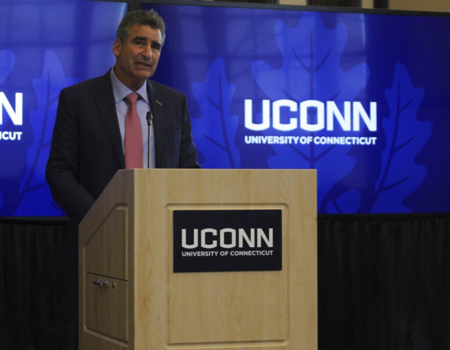 Thomas C. Katsouleas speaks to the University of Connecticut Board of Trustees after being appointed the school's 16th president on Tuesday, Feb. 5, 2019 in Storrs, Conn.