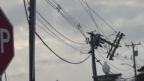 A utility pole snapped in the Blizzard of 2026 on Cape Cod.