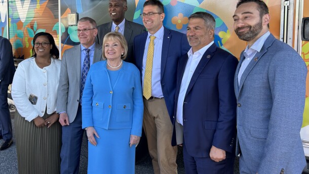 Gov. Matt Meyer (fifth from left) joins State Rep. Alonna Berry (first on left), Thomas Jefferson University President Susan Aldridge (third from left), and Sidney Kimmel Medical College Dean Said Ibrahim (fourth from left), and Jefferson Health CEO Joe Cacchione at the West Side Family Healthcare clinic in Dover.
