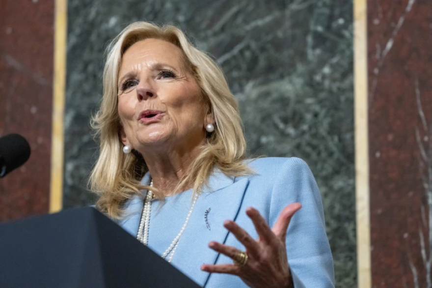 First lady Jill Biden speaks about gun violence during a White House Office of Gun Violence and Prevention event with K-12 principals in the Eisenhower Executive Office Building on Thursday, Jan. 25, 2024.