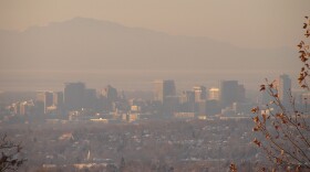 Downtown Salt Lake City barely visible through a heavy layer of air pollution. 