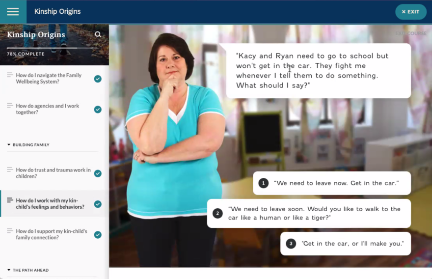 A slide from the Kinship Origins training. This slide walks through a situation parents might find themselves in and asks what they would say to the child. 