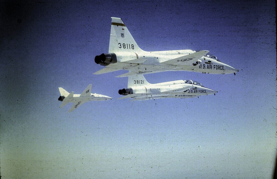 T-38 Talon training aircraft from Vance Air Force Base in Enid participating in a fly-over in Oklahoma City.