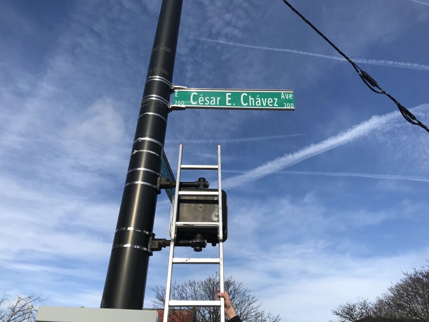 The Cesar E. Chavez Ave. sign was unveiled at the Turner St. intersection in Old Town, Lansing, on Jan. 2, 2018.