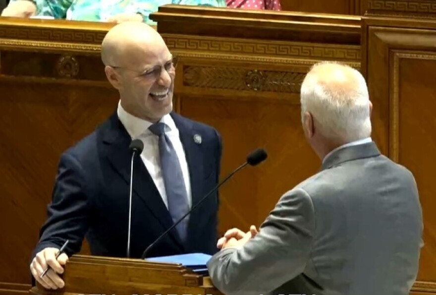 State Sen. Brach Myers (R-Lafayette) and Sen. Jay Morris (R-Monroe) celebrate the passage of Myers first bill in the upper chamber.