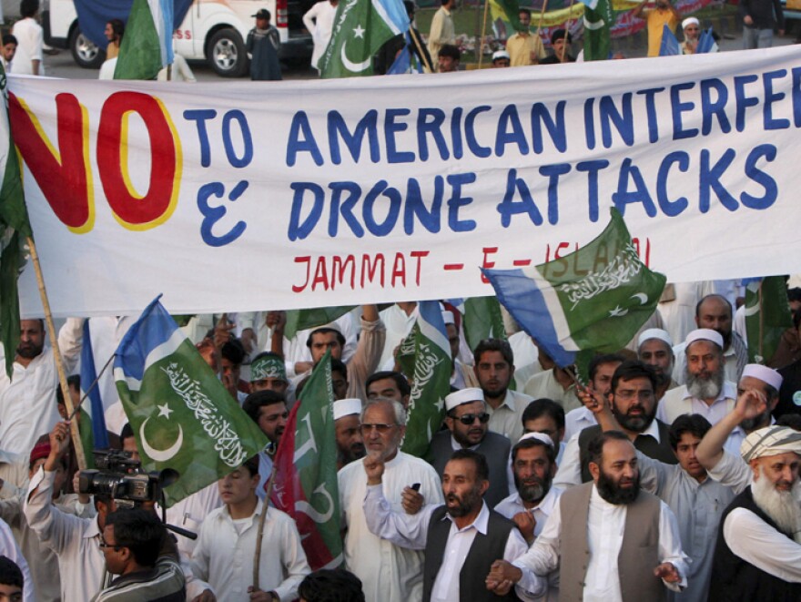 Supporters of the Pakistani religious party Jamaat-e-Islami protest in Peshawar, Pakistan, against U.S. drone strikes in the country's northwest in April. The drone attacks have further fueled anti-American sentiment in Pakistan.