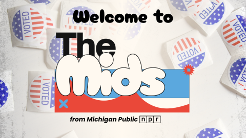The Mids logo is in the center. The words "Welcome to" are directly above it. Behind the logo and words is a distressed texture with "I voted" stickers strewn about.